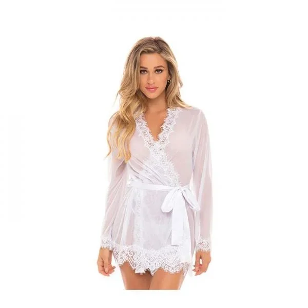 Eyelash Lace Robe with Satin Sach and G-String – White –