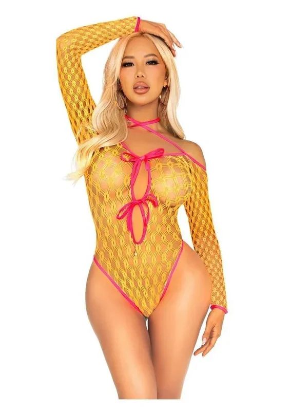 Eyelet Net Teddy With Tie-Front Keyhole Detail