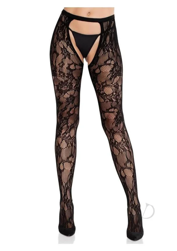 Eyelet Rose Lace Crotchless Tights with Cheeky Open Back – Black – O/S