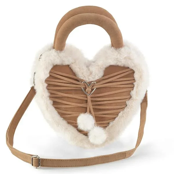 Faux Leather & Fur Heart Shaped Convertible Purse – Camel
