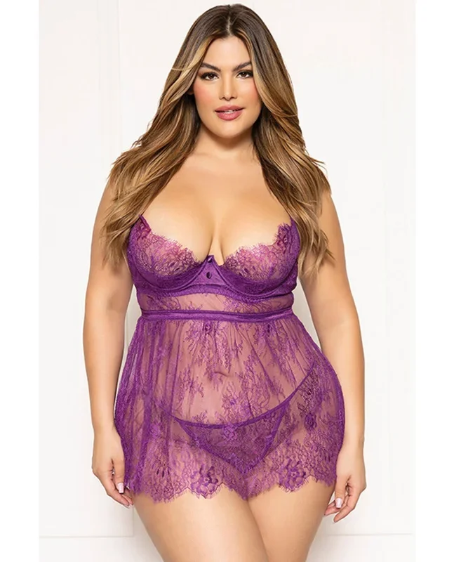 Floral Eyelash Lace Underwire Babydoll And Thong Set Purple 1X 2X