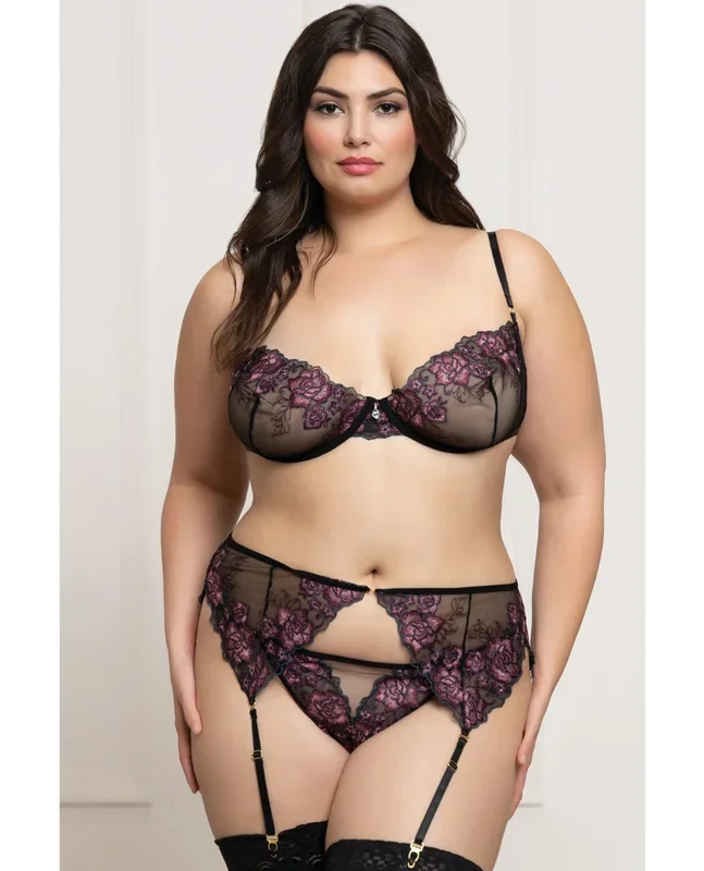 Floral Lace and Mesh Underwire Bra w/Garter & Thong 3 pc Set – Black/Purple 3X/4X