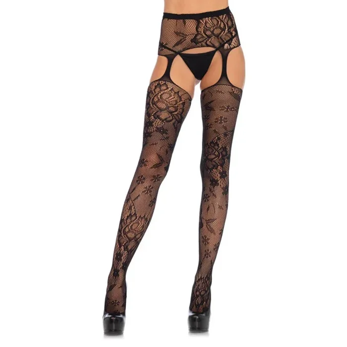 Floral Lace Stockings With Attached Waist Garterbelt – Black – One Size