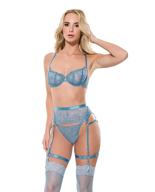 Floral Lace with Gold Hardware Underwire Bra w/Garter & Thong 3 pc Set – Blue SM