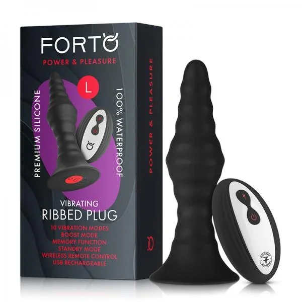 Forto Vibrating Ribbed Plug W/remote Large Blk
