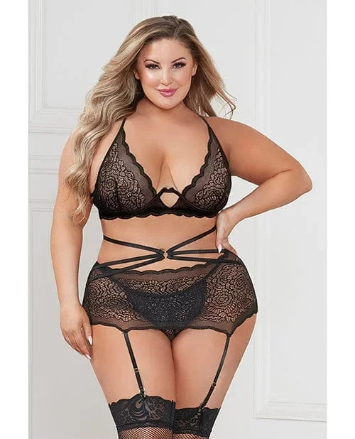 Galloon Lace Bra, Garter Skirt & G-string One Size Fits Most Plus Size