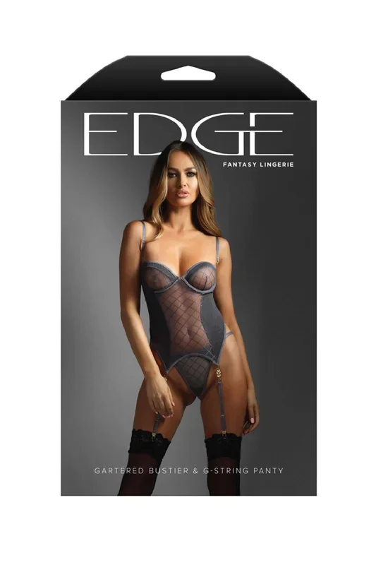 Gartered Bustier and G-String Panty Set in Sleek Gray Large XL