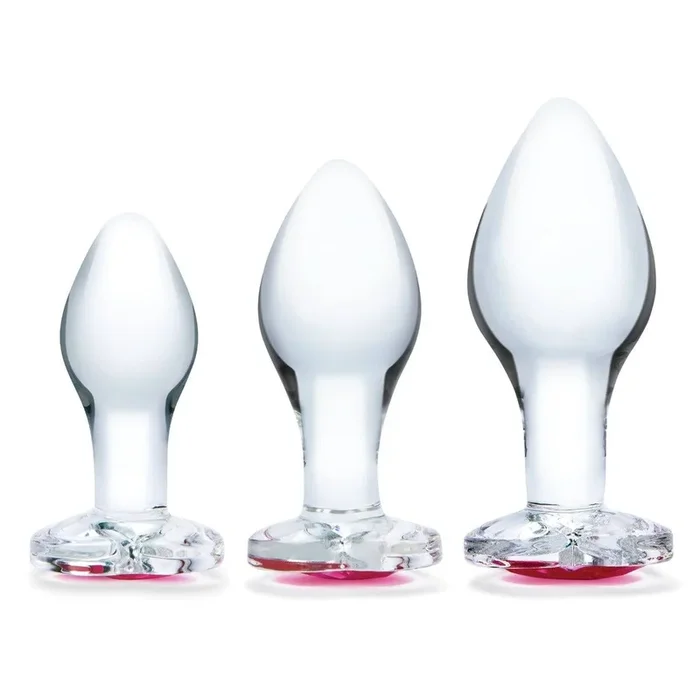 Glas Heart Jewel 3 Piece Anal Training Butt Plug Kit Clear 3 Inch 3.5 Inch 4 Inch
