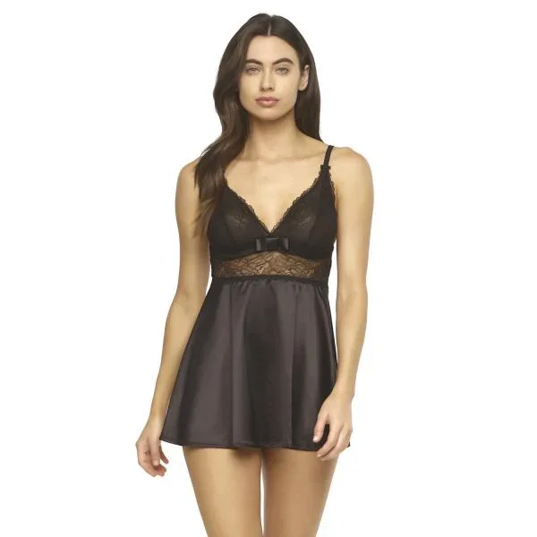 Gloria Satin & Lace Babydoll with G-String – Black –