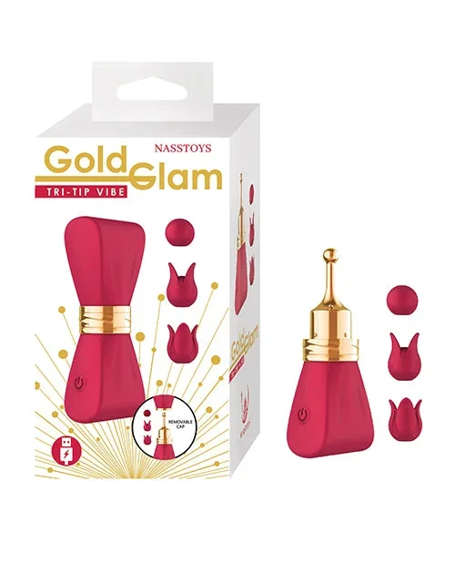 Gold Glam Tri-Tip Vibrator in Red with Three Stimulating Tips