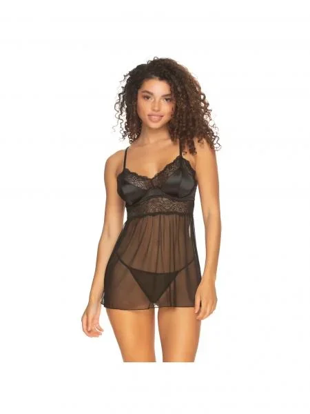 Heat Satin and Lace Babydoll and G-String – Black –