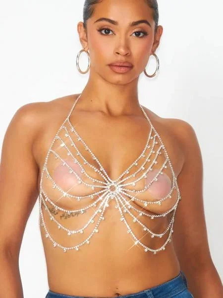 High Key Butterfly Rhinestone Jewel Halter Bra Top – Silver –