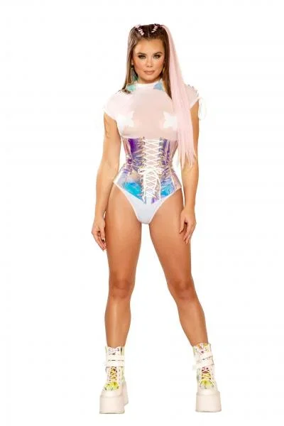Holographic Vinyl Waist Cincher – Pink Ice/White –