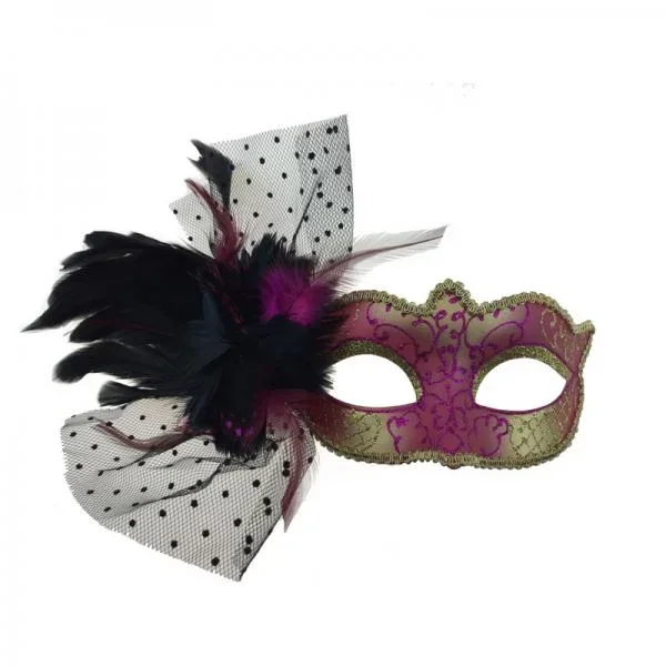Hot Pink – Venetian Mask with Feathers Aside