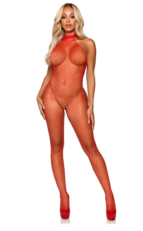 Industrial Net Racer Neck Backless Bodystocking – One Size – Red