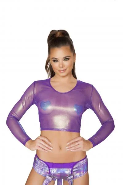 Iridescent Sheer Crop Top – Purple –