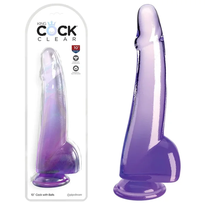 King Cock Clear 10” Cock with Balls – Purple – Purple 25 cm Dong