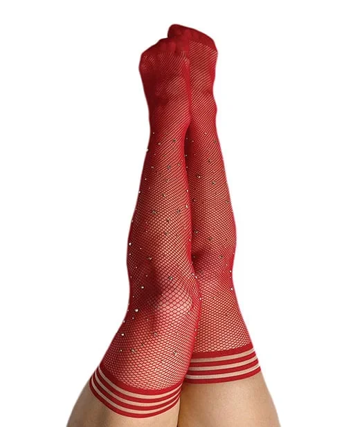 Kix’ies Joely Fishnet Rhinestone Thigh High Red D