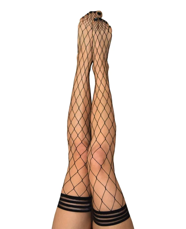 Kixies Michelle Large Fishnet Thigh High Black Stockings