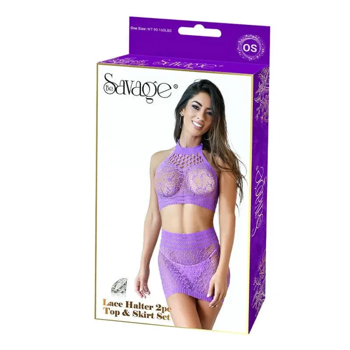 Lace Halter 2pc Top & Skirt Set Purple
