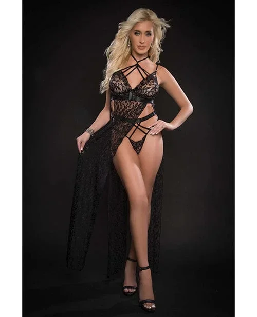 Lace Night Gown with High Waist Strappy Panty One Size Fits Most