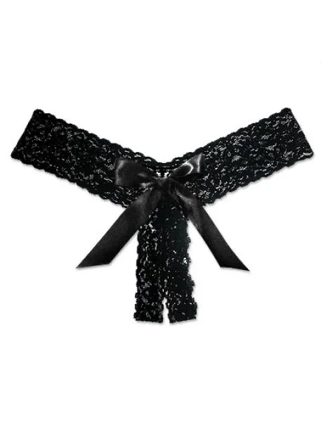 Lace Open Crotch Thong with Bow – Black – One Size