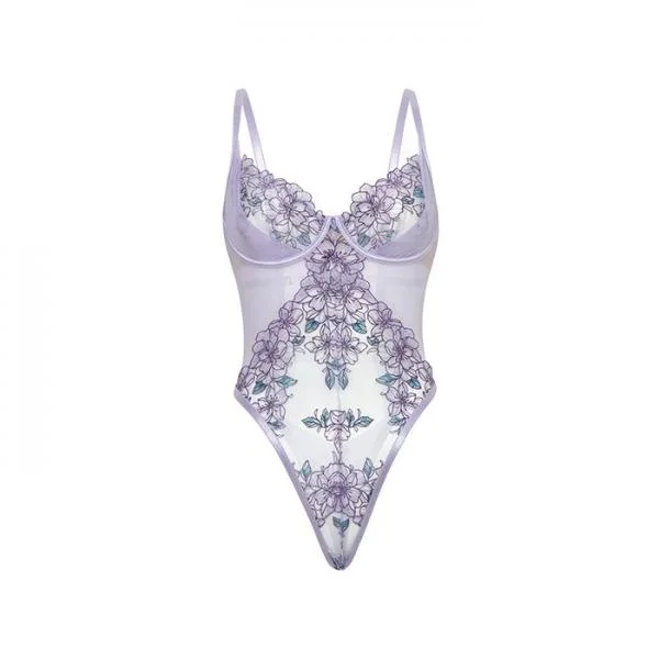 Lavender Embroidered Teddy with Mesh Overlay – Graphic Garden/Lavendula –