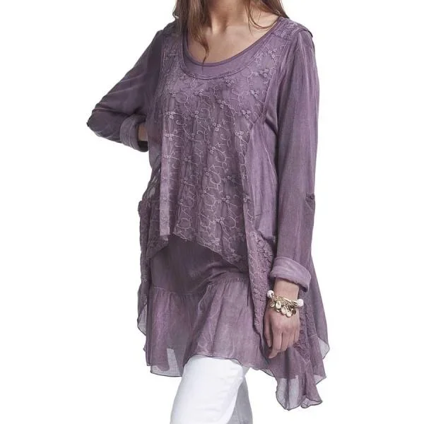 Layered Lace Tunic with Pockets – Wine –