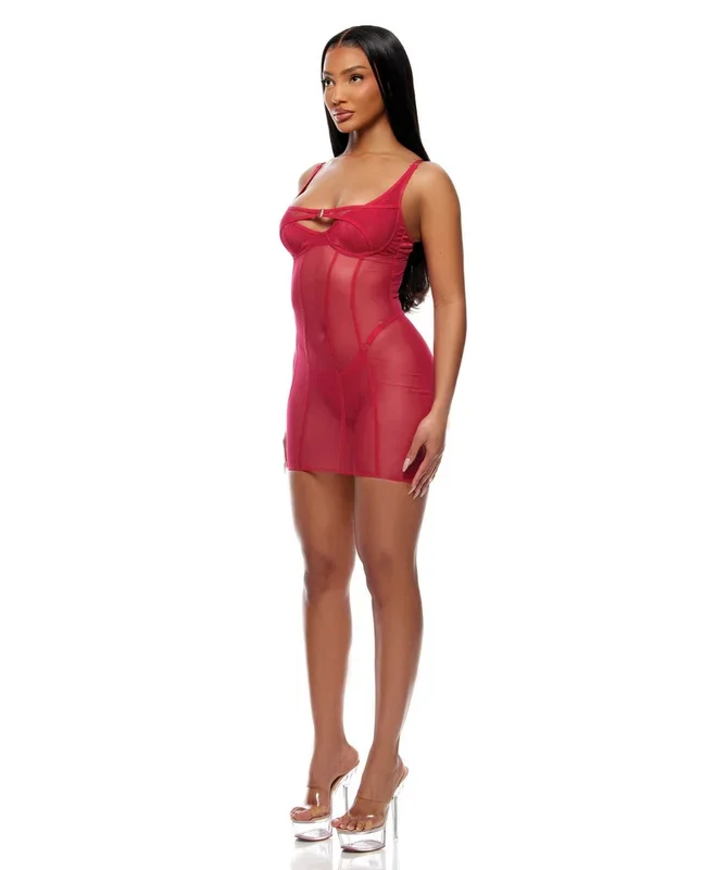 Layers To This Sheer Mesh and Knit Chemise w/Thong 2 pc Set – Pink MD