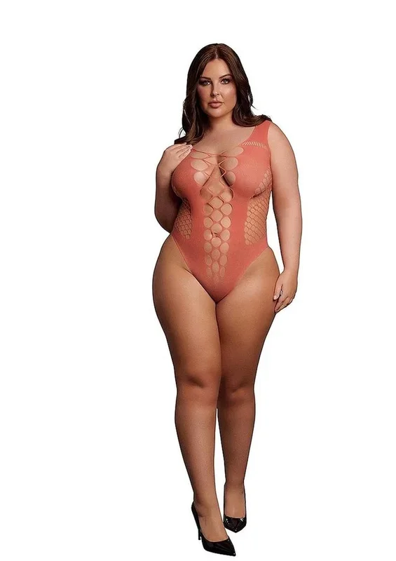 Le Desir V-Neck Teddy with Opaque Panels – Queen – Sunset Glow