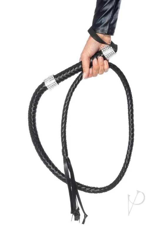 Leg Avenue Braided Whip with Rhinestone Look Handle Accent Faux Leather – 54in – Black