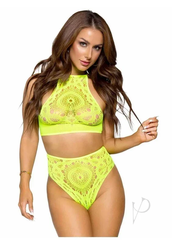 Leg Avenue Crochet Lace Halter Crop Top 2 Piece Yellow SM