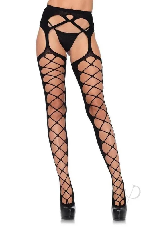 Leg Avenue Diamond Net Opaque Stockings and Garterbelt