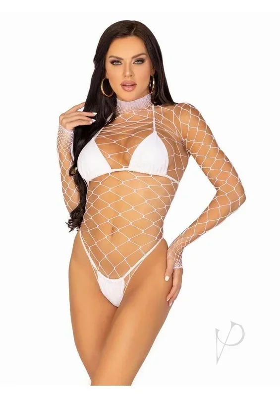Leg Avenue Fence Net Snap Crotch Long Sleeved Bodysuit – O/S – White