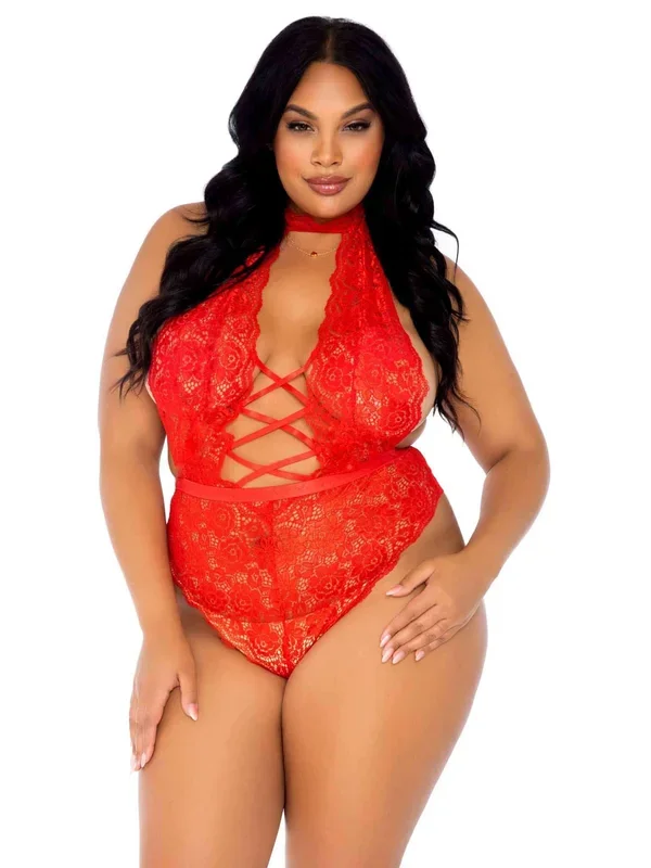 Leg Avenue Floral Lace Crotchless Teddy – 1x/2x – Red
