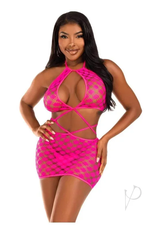 Leg Avenue Keyhole Halter Hardcore Net Mini Dress – OS – Neon Pink