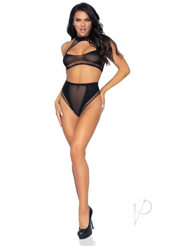 Leg Avenue Keyhole Net Halter Crop Top and High Waist Bottoms (2 piece) – OS – Black