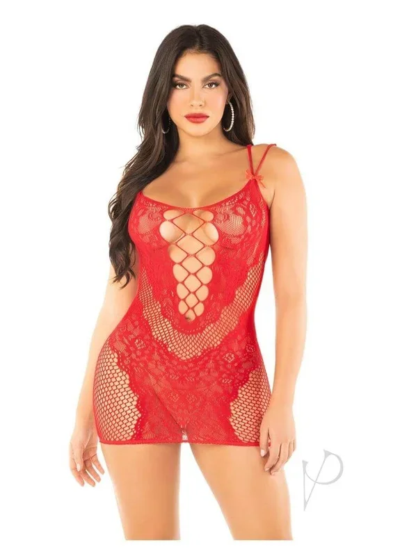 Leg Avenue Lace and Net Mini Dress with Dual Strap OS Red