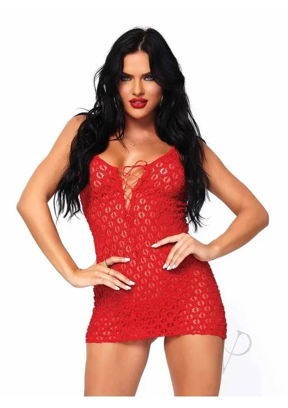 Leg Avenue Mini Dress with Lace Up Front and G String OS Red