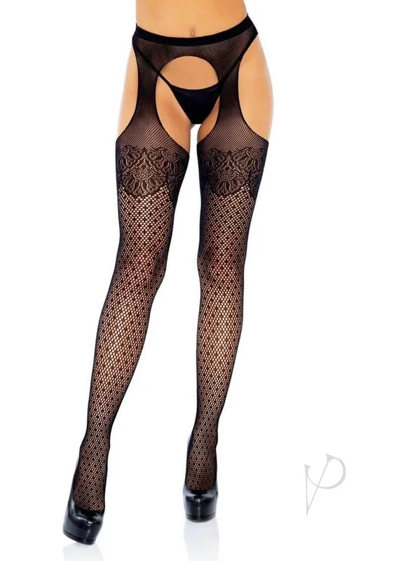 Leg Avenue Polka Dot Fishnet Suspender Hose with Lace Top Black