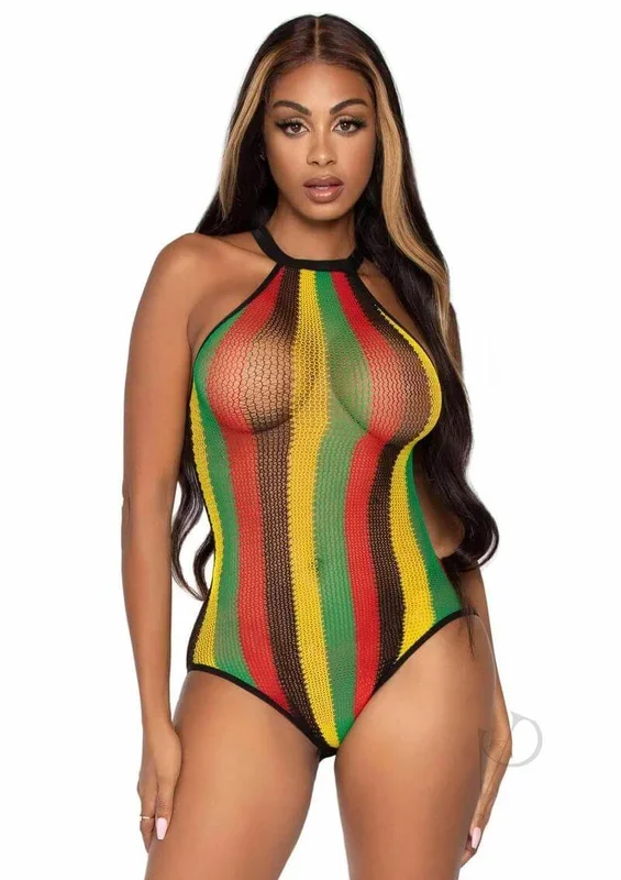 Leg Avenue Rasta Net Snap Crotch Racer Back Bodysuit – Multicolor – O/S