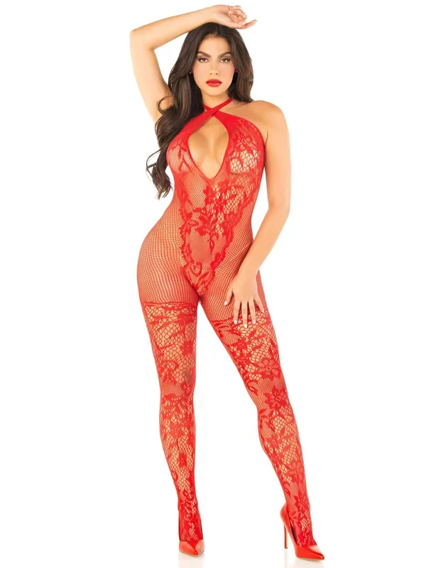 Leg Avenue Red Seamless Net and Lace Lingerie Jumpsuit – With Keyhole Crossover Halter – Os
