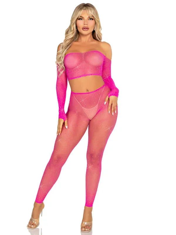 Leg Avenue Rhinestone Fishnet Crop Top and Footless Tights O/s – Neon Pink