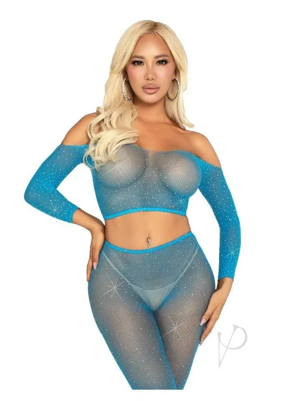 Leg Avenue Rhinestone Fishnet Crop Top and Tights Blue OS