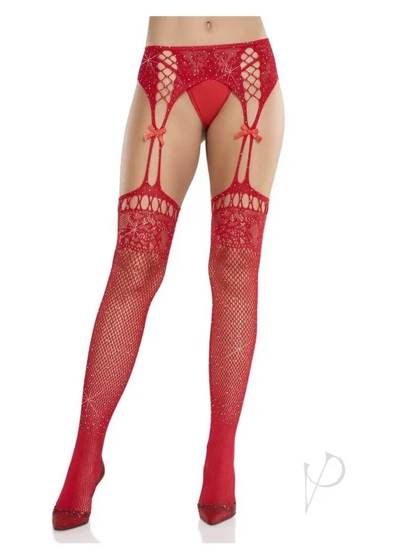 Leg Avenue Rhinestone Lace Top Fishnet Stockings with Belt