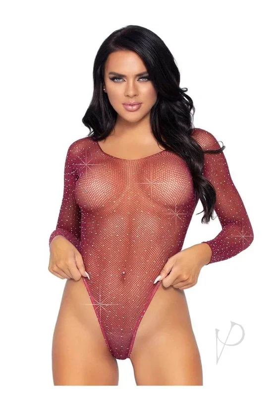 Leg Avenue Rhinestone Long Sleeve Fishnet Bodysuit Burgundy