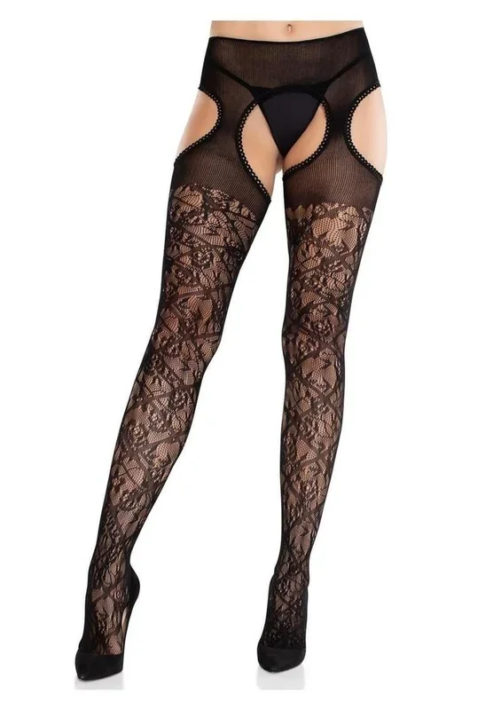 Leg Avenue Scalloped Trimmed Cross Hatch Floral Lace Suspender Hose