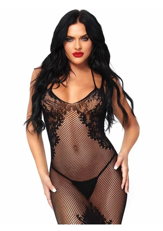 Leg Avenue Seamless Net and Lace Dual Strap Halter Dress