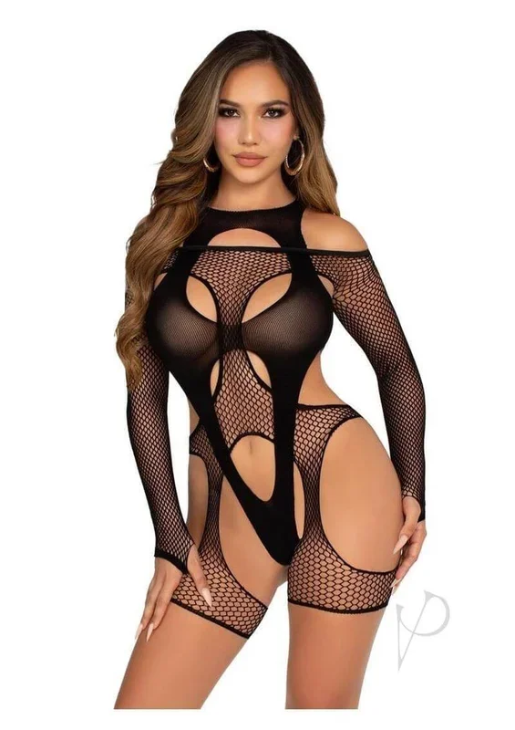 Leg Avenue Shoulder Fishnet Garter Harness and Opaque Teddy