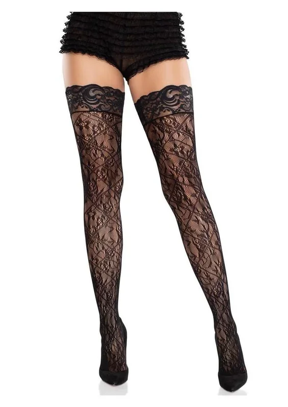 Leg Avenue Stay-Up Lace Top Cross Hatch Floral Lace Thigh Highs
